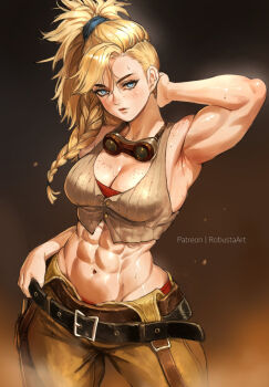 1girl abs arm_behind_head armpits artist_name belt biceps black_belt blonde_hair blue_eyes blush body_freckles braid breast_freckles breasts brown_pants brown_shirt cleavage commentary contrapposto cowboy_shot crop_top english_commentary freckles gemma_(monster_hunter_wilds) goggles goggles_around_neck hair_between_eyes highres large_breasts long_hair looking_at_viewer midriff monster_hunter_(series) monster_hunter_wilds muscular muscular_female navel paid_reward_available pants patreon_username ponytail robusta_mania shirt shoulder_freckles side_braid sleeveless sleeveless_shirt solo standing sweat