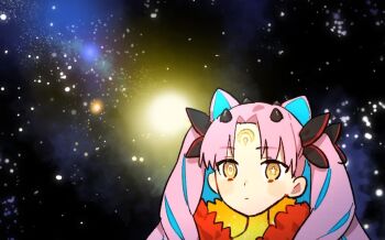 1girl animal_ears blue_hair cat_ears fate/grand_order fate_(series) horns ishtar_(fate) kabutomushi_s long_hair meme mismatched_pupils multicolored_hair purple_hair space space_cat_(meme) space_ishtar_(fate) space_ishtar_(third_ascension)_(fate) symbol-shaped_pupils two-tone_hair yellow_eyes