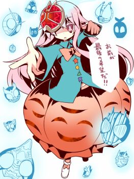 Rule 34 | 1girl, bow, bubble skirt, female focus, hata no kokoro, kamen rider, kamen rider 555, kamen rider agito, kamen rider agito (ground form), kamen rider agito (series), kamen rider blade, kamen rider blade (series), kamen rider dcd, kamen rider decade, kamen rider den-o, kamen rider den-o (series), kamen rider den-o (sword form), kamen rider double, kamen rider faiz, kamen rider fourze, kamen rider fourze (series), kamen rider hibiki, kamen rider hibiki (series), kamen rider kabuto, kamen rider kabuto (series), kamen rider kiva, kamen rider kiva (series), kamen rider kuuga, kamen rider kuuga (series), kamen rider ooo, kamen rider ooo (series), kamen rider ryuki, kamen rider ryuki (series), kamen rider w, kamen rider wizard, kamen rider wizard (series), long hair, long sleeves, looking at viewer, mask, midriff, nanateru, navel, pink eyes, pink hair, renkonan, skirt, solo, star (symbol), touhou, translation request, triangle, very long hair, wide sleeves