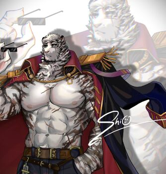 1boy abs animal_ears arknights bara belt chest_tuft coat coat_on_shoulders cowboy_shot epaulettes furry furry_male highres large_pectorals looking_to_the_side male_focus merchandise_available mountain_(arknights) muscular muscular_male navel nipples pectorals pirate scar scar_across_eye scar_on_face shio0610204 short_hair solo strongman_waist sunglasses thick_eyebrows tiger_boy tiger_ears white_hair zoom_layer