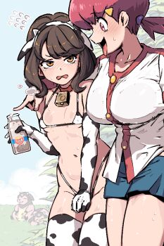 1boy 1girl alternate_breast_size androgynous animal_ears animal_print bell bikini blush bottle breasts brown_hair covering_crotch covering_privates cow_ears cow_horns cow_print cow_print_bikini cowbell crossdressing elbow_gloves embarrassed fake_animal_ears fake_horns female_pervert florian_(pokemon) gen_2_pokemon gloves hair_ornament hairclip hetero horns kingbawoon large_breasts long_hair low_twintails micro_bikini micro_bikini_top milk_bottle miltank navel nintendo open_mouth orange_eyes pectoral_cleavage pectorals pervert pink_eyes pink_hair pokemon pokemon_(creature) pokemon_hgss pokemon_sv print_bikini puffy_male_chest short_sleeves shorts shota suggestive_fluid swimsuit tears thighhighs thong thong_bikini tongue tongue_out trap twintails whitney_(pokemon)