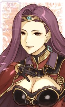 1girl ak_87_kt black_gloves breasts cape circlet cleavage cleavage_cutout clothing_cutout diamond_earrings dress earrings eyeshadow fire_emblem fire_emblem_echoes:_shadows_of_valentia gloves highres jewelry large_breasts long_hair looking_at_viewer makeup nintendo open_mouth parted_lips purple_eyes purple_eyeshadow purple_hair red_dress smile solo sonya_(fire_emblem_gaiden) upper_body