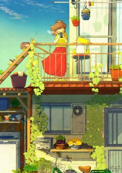 ._. 1girl absurdly_detailed_composition animal baby_animal balcony bicycle bird blue_sky blush_stickers brown_hair bucket building cat coffee_mug commentary_request complex_exterior covered_mouth cup dated day duck duckling frog full_body gloves hanging_plant highres holding holding_cup ladder long_skirt mailbox_(incoming_mail) medium_hair mug niwa_matthew original outdoors plant potted_plant radio railing red_skirt shadow shirt skirt sky sleeping_animal solo standing three-quarter_sleeves twitter_username unworn_gloves vines yellow_shirt