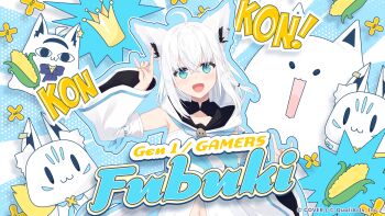 1girl :d absurdres ahoge animal_ears aqua_eyes blue_neckerchief blush character_name commentary_request corn detached_sleeves fox_ears fox_girl fox_shadow_puppet fubuzilla_(shirakami_fubuki) hair_between_eyes highres hololive hololive_dreams long_sleeves miteiru_(shirakami_fubuki) navel neckerchief official_art open_mouth outline shirakami_fubuki shirakami_fubuki_(1st_costume) smile solo sukonbu_(shirakami_fubuki) tongue virtual_youtuber white_hair white_sleeves