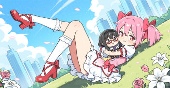1girl akemi_homura ass blue_sky bobby_socks bow building character_request child closed_mouth cloud commentary_request day doll_house dress flower frilled_dress frills gloves grass hair_bow hatsunatsu kaname_madoka knees_together_feet_apart leg_up lying mahou_shoujo_madoka_magica mahou_shoujo_madoka_magica_(anime) on_back outdoors petals pink_dress pink_flower pink_hair pink_rose puffy_short_sleeves puffy_sleeves red_bow red_eyes red_shoes rose shirt shoes short_sleeves sky skyscraper smile socks solo twintails white_flower white_gloves white_shirt white_socks