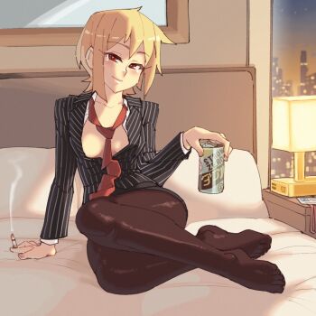 blonde_hair can cigarette commentary english_commentary feet holding holding_can katawa_shoujo necktie red_eyes rtil satou_akira short_hair smirk toes undone_necktie