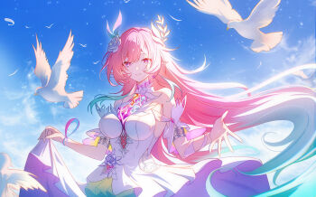 1girl aqua_hair bare_shoulders bird blue_sky breasts clothes_lift commentary_request cyrene_(demiurge)_(honkai:_star_rail) cyrene_(honkai:_star_rail) diamond-shaped_pupils diamond_(shape) dress euzh266 floating_hair flower gradient_hair hair_flower hair_ornament highres honkai:_star_rail honkai_(series) large_breasts long_hair looking_at_viewer multicolored_hair parted_lips pink_hair pointy_ears purple_flower purple_rose rose skirt skirt_hold sky smile solo symbol-shaped_pupils very_long_hair white_bird white_dress