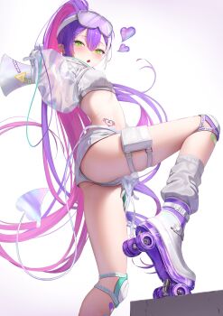 absurdres ass blush from_below highres legs ramuneru roller_skates short_shorts shorts skates thighs tokoyami_towa tokoyami_towa_(cyberpunk)