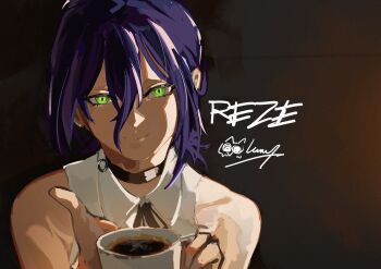 Rule 34 | 1girl, absurdres, black choker, chainsaw man, choker, coffee, coffee mug, collared shirt, cup, green eyes, grenade pin, hair between eyes, highres, holding, holding cup, looking at viewer, mug, owlwy (owl roi), purple hair, reze (chainsaw man), ribbon, shirt, simple background, sleeveless, sleeveless shirt, smile, solo, white shirt