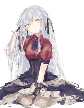 1girl absurdres ascot bang_dream! bang_dream!_it&#039;s_mygo!!!!! black_ascot black_corset black_ribbon black_skirt blue_hair commentary corset hair_ribbon highres latte_bf long_hair looking_at_viewer oblivionis_(bang_dream!) red_shirt ribbon shirt sidelocks simple_background sitting skirt solo togawa_sakiko white_background yellow_eyes