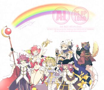 Rule 34 | 3boys, 3girls, animal ears, arch bishop (ragnarok online), armor, armpits, bangle, bikini, black dress, black eyes, black hairband, black pants, black shirt, blonde hair, blue cape, blue dress, bracelet, breasts, brown shirt, bun cover, cape, cat ears, cattail, cleavage, closed eyes, commentary request, cross, dated, double bun, dress, feather trim, ferus (ragnarok online), fishnet thighhighs, fishnets, frilled dress, frilled thighhighs, frills, full body, fur-trimmed cape, fur trim, gauntlets, glasses, green eyes, green hair, hair bun, hairband, holding, holding staff, jewelry, jumping, long hair, long sleeves, mask, masked, medium breasts, mismatched bikini, multiple boys, multiple girls, official alternate costume, open mouth, pants, pauldrons, pink hair, plant, pointy ears, purple hair, ragnarok online, rainbow, red bikini, red cape, rui (konoki), rune knight (ragnarok online), shirt, short hair, shoulder armor, signature, simple background, smile, staff, summoner (ragnarok online), swimsuit, thighhighs, two-tone dress, two-tone shirt, wanderer (ragnarok online), warlock (ragnarok online), watermark, white background, white bikini, white dress, white shirt, white thighhighs