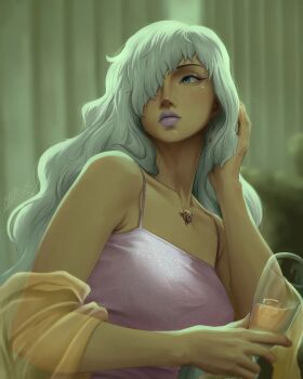 Rule 34 | 1girl, bbdbg03, charlotte smoothie, closed mouth, commentary, cup, dress, earrings, eyeliner, hair over one eye, highres, holding, holding cup, jewelry, long hair, looking to the side, makeup, necklace, one piece, orange shawl, purple dress, purple eyeliner, shawl, signature, solo, upper body, white hair