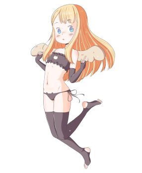 1girl angel_wings black_bra black_panties black_thighhighs blonde_hair blue_eyes blush bra breasts cat_cutout cat_lingerie clothing_cutout full_body highres leims_(urje8584) loli long_hair looking_at_viewer navel open_mouth original panties sasha_(haguhagu) simple_background small_breasts solo strapless thighhighs tube_top underwear white_background wings