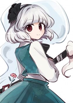 1girl black_hairband black_ribbon closed_mouth commentary cowboy_shot green_skirt green_vest hair_ribbon hairband highres konpaku_youmu konpaku_youmu_(ghost) long_sleeves looking_at_viewer looking_back red_eyes ribbon shirt short_hair simple_background skirt smile solo sword tama_(hiroshige_36) touhou vest weapon white_background white_hair white_shirt
