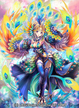 1girl bird_girl blue_dress blue_thighhighs breasts cleavage copyright_notice dress dual_wielding grey_hair hand_fan hokuyuu holding holding_fan large_breasts looking_at_viewer medium_hair official_art open_mouth peacock_feathers peafowl_(wixoss) red_eyes sidelocks smile solo thighhighs wixoss