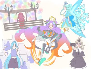 4girls ahoge antenna_hair black_dress blonde_hair blue_dress blue_hair bow bug butterfly butterfly_wings clenched_hand clenched_hands closed_eyes commentary cure_eclair double_bun dress english_commentary flying_kick gloves gradient_hair gun hair_bun hair_intakes hair_ornament handgun hat heart heart_ahoge highres holding holding_gun holding_weapon ieri_shiruku insect insect_wings jumping kamen_rider kamen_rider_zeztz kamen_rider_zeztz_(series) kicking kobayashi_mikuru lamppost long_hair meitantei_precure! moria_luluka multicolored_hair multiple_girls navel open_mouth orange_hair parted_bangs play_back precure puffy_short_sleeves puffy_sleeves purple_eyes purple_hair purple_shirt reiei_8 rider-tan shirt short_sleeves skirt smile stairs streaked_hair very_long_hair weapon wings