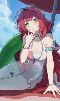 1girl absurdres ahoge armband beach_umbrella blue_sky bracelet braid braided_twintails breasts cleavage collarbone commentary covering_own_mouth cowboy_shot english_commentary eyewear_on_head facial_mark green_armband green_eyes hair_ornament hand_on_ground head_tilt hearing_aid heart heart-shaped_eyewear heart_facial_mark highres jewelry laughy88 long_hair looking_at_viewer medium_breasts official_alternate_costume one-piece_swimsuit outdoors pink_armband pink_one-piece_swimsuit red_hair shadow sitting sky solo sphere_hair_ornament swimsuit thigh_strap twitter_username two-tone_one-piece_swimsuit ukinami_yuzuha ukinami_yuzuha_(tanuki_in_broad_daylight) umbrella yellow_nails yokozuwari zenless_zone_zero