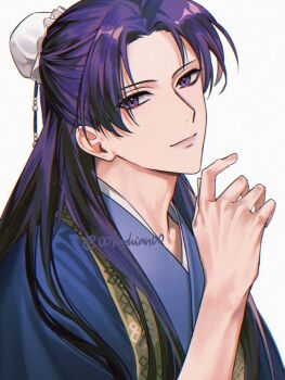 00kashian00 1boy bun_cover chinese_clothes commentary_request hair_bun highres jinshi_(kusuriya_no_hitorigoto) kusuriya_no_hitorigoto light_smile long_hair male_focus purple_eyes purple_hair single_hair_bun solo twitter_username upper_body
