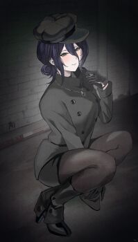 1girl absurdres alternate_costume black_coat black_gloves black_hat black_pantyhose black_skirt chainsaw_man coat gloves grenade_pin grey_eyes hair_between_eyes hat high_heels highres pantyhose purple_hair reze_(chainsaw_man) skirt solo squatting yato_(yama0x1)