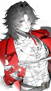 1boy absurdres armor bandaged_chest bandaged_hand bandages belt belt_buckle blade_(elation)_(honkai:_star_rail) blade_(honkai:_star_rail) buckle chikuwa_(dr0603) coat covered_pectorals curtained_hair hair_over_one_eye hashtag-only_commentary highres honkai:_star_rail honkai_(series) jewelry lapels long_hair male_focus necklace notched_lapels one_eye_covered parted_lips pauldrons pectorals red_coat red_eyes shoulder_armor simple_background single_pauldron smile solo toned toned_male watermark white_background