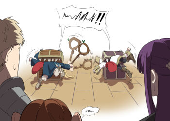 3boys 3girls chilchuck_tims dungeon_meshi elf fern_(sousou_no_frieren) flailing frieren frieren_stuck_in_a_mimic_(meme) highres laios_touden marcille_donato meme mimic mimic_chest mong91 multiple_boys multiple_girls pointy_ears sharp_teeth sousou_no_frieren speech_bubble staff sweatdrop teeth tongue tongue_out