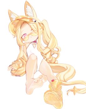 1girl above-cleavage_cutout animal_ear_fluff animal_ears bare_legs bare_shoulders blonde_hair blue_archive blush chaosexceed closed_mouth clothing_cutout covered_navel diamond_cutout feet flat_chest fox_ears fox_girl fox_tail hair_over_one_eye highleg highleg_one-piece_swimsuit highres jacket loli long_hair long_sleeves looking_at_viewer no_halo off_shoulder official_alternate_costume one-piece_swimsuit orange-tinted_eyewear pink_eyes see-through_clothes see-through_footwear seia_(blue_archive) seia_(swimsuit)_(blue_archive) shoes side_ponytail simple_background single_bare_foot sleeves_past_wrists soles solo sunglasses swimsuit tail tail_ornament thighs tinted_eyewear toes very_long_hair very_long_tail visor_cap white_background white_one-piece_swimsuit yellow_jacket yellow_shoes yellow_visor