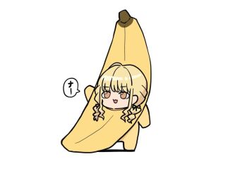 1girl :d ahoge arm_up banana_costume blonde_hair braid brown_eyes chibi commentary_request fujita_kotone full_body gakuen_idolmaster idolmaster kawamochi_(kawauti919) long_hair low_twintails open_mouth shadow simple_background smile solo standing translation_request twin_braids twintails white_background