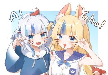 Rule 34 | 2girls, 8 nana usagi, :d, a (phrase), animal, animal ear fluff, animal ears, animal on head, blue background, blue eyes, blue hair, blue hoodie, blue sailor collar, blunt bangs, border, cat ears, claw pose, commentary, drawn whiskers, drawstring, english commentary, frilled sailor collar, frills, gawr gura, highres, hololive, hololive english, hood, hood down, hoodie, indie virtual youtuber, light blush, long hair, medium hair, multicolored hair, multiple girls, on head, open mouth, sailor collar, sameko saba, sharp teeth, shirt, shrimp, sidelocks, simple background, smile, streaked hair, teeth, two-tone hair, two side up, upper body, v, virtual youtuber, white border, white hair, white shirt