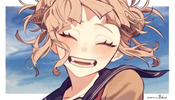 1girl absurdres artist_name blonde_hair blue_sailor_collar blue_sky blush boku_no_hero_academia border brown_cardigan cardigan chacha_(ochaco_gnsn) closed_eyes cloud commentary_request dated double_bun facing_viewer fangs hair_bun happy highres neckerchief open_mouth red_neckerchief sailor_collar short_hair sky smile solo teeth toga_himiko white_border