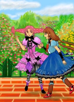 Rule 34 | 2009, 2girls, artist name, artist request, blue dress, bow, bowtie, brick road, brown eyes, brown hair, dorothy gale, dorothy gale (riz-zoawd), dress, female focus, flora (riz-zoawd), hat, long hair, long skirt, looking at viewer, media.vision, multiple girls, riz-zoawd, skirt, the wizard of oz, witch hat