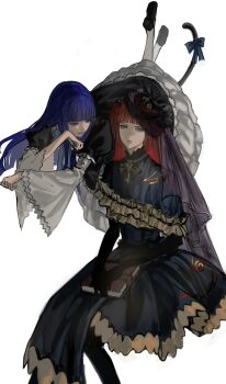 2girls absurdres beads black_bow black_gloves black_pantyhose blue_dress blue_eyes blue_hair book book_on_lap bow capelet cat_tail dress elbow_gloves feet_out_of_frame frederica_bernkastel frilled_capelet frilled_dress frilled_shirt_collar frills frown gloves hair_beads hair_ornament half-closed_eyes high_collar highres key long_hair looking_at_another looking_at_viewer multiple_girls nnightcruising pantyhose puffy_sleeves purple_eyes red_hair short_twintails sitting smile tail tail_bow tail_ornament twintails umineko_no_naku_koro_ni ushiromiya_ange white_pantyhose wide_sleeves