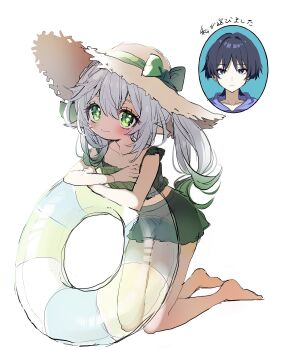 1boy 1girl alternate_costume asymmetrical_sidelocks barefoot bikini bikini_bottom_only bikini_skirt black_hair blunt_ends blush bow bright_pupils closed_mouth collar collarbone colored_tips contemporary cross-shaped_pupils eyelashes eyeliner eyeshadow genshin_impact green_bow green_eyes green_hair green_pupils green_skirt grey_eyes hair_between_eyes hair_ornament hat hat_bow highres hirarinoie kneeling leaf leaf_hair_ornament looking_at_viewer makeup multicolored_hair nahida_(genshin_impact) pointy_ears purple_collar red_eyeliner red_eyeshadow scaramouche_(genshin_impact) sidelocks sketch skirt smile source_request sun_hat swim_ring swimsuit symbol-shaped_pupils tareme translation_request transparent_innertube white_background white_hair white_pupils wispy_bangs