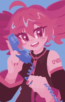 Rule 34 | 1girl, ahoge, arm tattoo, black shirt, blue background, buttons, collared shirt, commentary, detached sleeves, drill hair, holding, holding phone, kasane teto, kasane teto (utau), looking at viewer, no lineart, number tattoo, open mouth, phone, projecttiger, red eyes, red hair, red nails, red trim, shirt, simple background, solo, tattoo, teeth, twin drills, untranslatable commentary, upper body, upper teeth only, utau