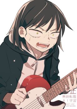1girl black_hair commentary electric_guitar fender_telecaster futsuu_no_keion-bu guitar hand_fan hatono_chihiro highres holding holding_guitar holding_instrument holding_plectrum hood hood_down hooded_jacket instrument jacket kanminec0 official_alternate_costume open_mouth plectrum short_hair simple_background solo sweat symbol-only_commentary teeth upper_body v-shaped_eyebrows watermark white_background yellow_eyes zipper_pull_tab