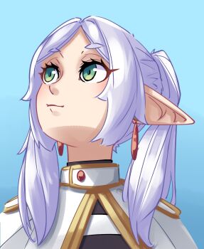 1girl blue_background blue_sky capelet clear_sky commentary earrings elf english_commentary expressionless frieren gold_trim green_eyes head_back highres jewelry long_hair long_pointy_ears looking_up making-of_available outdoors parted_bangs pointy_ears shirt simple_background sky solo sousou_no_frieren striped_clothes striped_shirt teardrop_earrings twintails upward_angle_frieren_drawing urahmeshi white_capelet white_hair