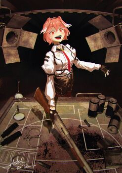 1girl absurdres black_gloves black_hairband blue_eyes blush breast_zipper breasts buckshot_roulette can casino_card_table cuffs fingerless_gloves gloves gun hair_between_eyes hairband head_wings high-waist_shorts highres holding holding_gun holding_weapon hololive ida_studio indoors large_breasts leather_shorts long_sleeves looking_at_viewer multicolored_hair necktie open_mouth pantyhose pantyhose_under_shorts pink_hair pink_necktie pink_wings puffy_long_sleeves puffy_sleeves pump_action sawed-off_shotgun shirt short_hair shorts shotgun shotgun_shell smile solo studio_lights table takane_lui takane_lui_(1st_costume) taut_clothes virtual_youtuber weapon white_shirt wings
