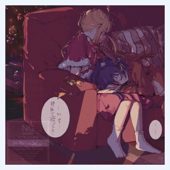2girls animal_costume bell blonde_hair blue_hair bocchi_the_rock! capelet christmas_tree closed_eyes commentary couch english_commentary ijichi_nijika indoors lap_pillow long_hair mole mole_under_eye moriinakasa multiple_girls on_couch red_capelet reindeer_costume short_hair sleeping sleeping_on_person socks speech_bubble translation_request watermark white_socks yamada_ryo yuri