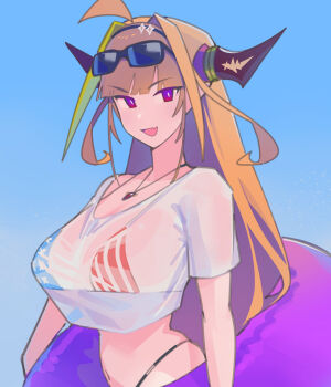 1girl ahoge american_flag american_flag_bikini american_flag_print bikini bikini_under_clothes blonde_hair blush bow breasts cleavage collarbone diagonal-striped_bow dismassd dragon_girl dragon_horns dragon_tail eyewear_on_head flag_print flag_print_bikini hairband highres hololive horn_bow horn_ornament horns kiryu_coco large_breasts long_hair looking_at_viewer multicolored_hair navel open_mouth orange_hair pointy_ears print_bikini print_swimsuit red_eyes see-through_clothes see-through_shirt shirt short_sleeves smile solo streaked_hair striped_bow sunglasses swimsuit tail virtual_youtuber wet wet_clothes wet_shirt white_shirt