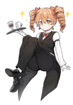Rule 34 | 1girl, black pants, black vest, bow, bowtie, butler, chalice, crossdressing (ftm), cup, drill hair, earrings, female butler, floating earrings, formal clothes, full body, gloves, head bowed, highres, holding, holding tray, jewelry, long sleeves, looking at viewer, no headwear, orange eyes, orange hair, pants, shirt, simple background, solo, suit, sweetpotatojelly, touhou, tray, twin drills, vest, white gloves, white shirt, yorigami jo'on