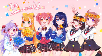 6+girls :d absurdres ahoge anjou_seira blonde_hair blue_eyes blush bouquet bow brown_hair closed_mouth confetti copyright_name flower food green_eyes hair_bow hair_ornament highres holding holding_food kathrina_griebel long_hair long_sleeves looking_at_viewer multiple_girls niizuma_yae ootori_kokona open_mouth orange_hair pleated_skirt purple_eyes purple_hair red_bow sasuga_chisa school_uniform serafuku shirt shizuka_(world_dai_star) short_hair skirt smile sunflower two_side_up v white_shirt world_dai_star yanagiba_panda yellow_flower