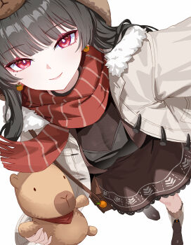 1girl black_hair breasts brown_dress chisa_(wuthering_waves) closed_mouth commentary ddcc0123 dress earrings food-themed_earrings food_themed_earrings from_above fur-trimmed_jacket fur_trim grey_jacket hashtag-only_commentary highres holding holding_stuffed_toy jacket jewelry large_breasts long_hair looking_at_viewer looking_up mole mole_under_eye namipon_(wuthering_waves) official_alternate_costume orange-shaped_earrings red_eyes red_scarf scarf smile solo stuffed_animal stuffed_toy wuthering_waves
