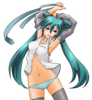 1girl aqua_hair armpits arms_up blue_eyes detached_sleeves female_focus hatsune_miku kit kit_(studio) long_hair navel necktie no_pants panties simple_background solo striped_clothes striped_panties thighhighs twintails underwear very_long_hair vocaloid
