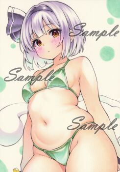 1girl alternate_costume bikini black_hairband blush breasts closed_mouth collarbone commentary_request green_bikini grey_hair groin hairband halterneck hitodama holding konpaku_youmu konpaku_youmu_(ghost) looking_at_viewer miyakooo0420 navel orange_eyes plump sample_watermark short_hair small_breasts solo stomach swimsuit touhou traditional_media watermark