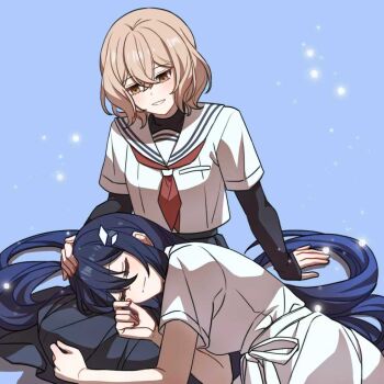 2girls artist_request black_shirt black_skirt blue_hair brown_eyes brown_hair closed_eyes closed_mouth commentary commission dress hand_on_another's_head hashtag-only_commentary highres lap_pillow layered_sleeves long_sleeves multiple_girls oumi_shiori parted_lips pleated_skirt school_uniform second-party_source serafuku shirt short_over_long_sleeves short_sleeves skirt smile undershirt watashi_wo_tabetai_hitodenashi white_dress white_shirt yaotose_hinako yuri