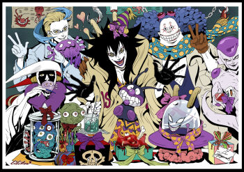 6+boys afro alien anpanman baikinman biliken black_gloves black_hair bleach blonde_hair blood blue_hair bone box brown_gloves caesar_clown censored chain colress_(pokemon) crossover cup curled_horns dr._indigo dragon_ball drinking final_form_frieza frieza gift gift_box gloves goggles goggles_on_head grin heart holding holding_cup hook horns jar kurotsuchi_mayuri lab_coat long_hair mad_scientist makeup mosaic_censoring multiple_boys nakao_ryuusei nintendo one_piece open_mouth pokemon pokemon_bw2 purple_ribbon ribbon salute scarf short_hair skull_and_crossbones smile tail teacup teeth ufo v very_long_hair voice_actor_connection white_gloves yellow_eyes
