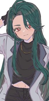 Rule 34 | 1girl, arm up, black gloves, black shirt, buttons, closed mouth, coat, commentary request, curtained hair, ear piercing, earrings, gloves, green hair, grey coat, hair down, highres, jewelry, lapels, long hair, looking at viewer, natsun (4869ntmmmmm), navel, necklace, nintendo, notched lapels, official alternate costume, official alternate hairstyle, piercing, pokemon, pokemon masters ex, red eyes, rika (palentine's 2026) (pokemon), rika (pokemon), shirt, simple background, smile, solo, triangle earrings, upper body, white background