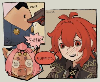 1boy 1girl @_@ animal_ears artist_name bangs_pinned_back black_coat black_shirt bleeding blood blood_on_face blue_shorts blush cat_ears cat_girl coat cuts diluc_(genshin_impact) diona_(genshin_impact) fangs flustered forehead full-face_blush genshin_impact gloves highres injury meme midriff navel open_mouth pink_hair poking_belly red_eyes red_hair shirt short_hair shorts smile snugglepuff28 sweat thick_eyebrows two-tone_gloves yummers_(meme)