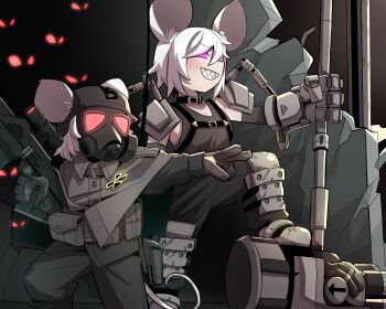 animal_ears armor badge belt_pouch capelet choker commentary_request ears_through_headwear exoskeleton gas_mask gloves glowing glowing_eye grin gun hammer helmet highres holding holding_gun holding_hammer holding_weapon korean_commentary mask mechanical_gloves military_uniform mouse_ears mouse_girl mouse_tail original pointing pouch power_armor purple_eyes rebar red_eyes rifle rubble scope sharp_teeth shirt sleeveless sleeveless_shirt slit_pupils smile sniper_rifle sung08ko tail tank_top teeth weapon white_hair