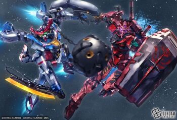 Rule 34 | artist request, cable, chain, copyright notice, glowing, glowing eyes, glowing hot, gquuuuuux, gundam, gundam card game, gundam gquuuuuux, heat hawk, lens flare, logo, machinery, mecha, mecha focus, mobile suit, motion blur, official art, realistic, red gundam, robot, roundel, science fiction, shield, space, star (sky), sunrise (company), thrusters, v-fin, zero gravity