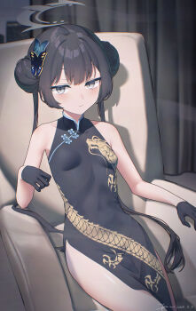 1girl armchair armrest bare_shoulders black_dress black_gloves black_hair blue_archive braid braided_bun breasts butterfly_hair_ornament chair china_dress chinese_clothes closed_mouth commentary cowboy_shot curtains dated double_bun dragon_print dress expressionless gloves grey_eyes grey_halo hair_bun hair_ornament halo hand_up highres kisaki_(blue_archive) kisamu_(ksmz) loli long_hair looking_at_viewer on_chair pelvic_curtain print_dress signature sitting sleeveless sleeveless_dress small_breasts solo thighs twintails very_long_hair
